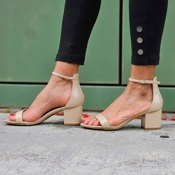 Women Ankle Straps Low Chunky Heels Sandals Beige Color - Picture 3 of 6